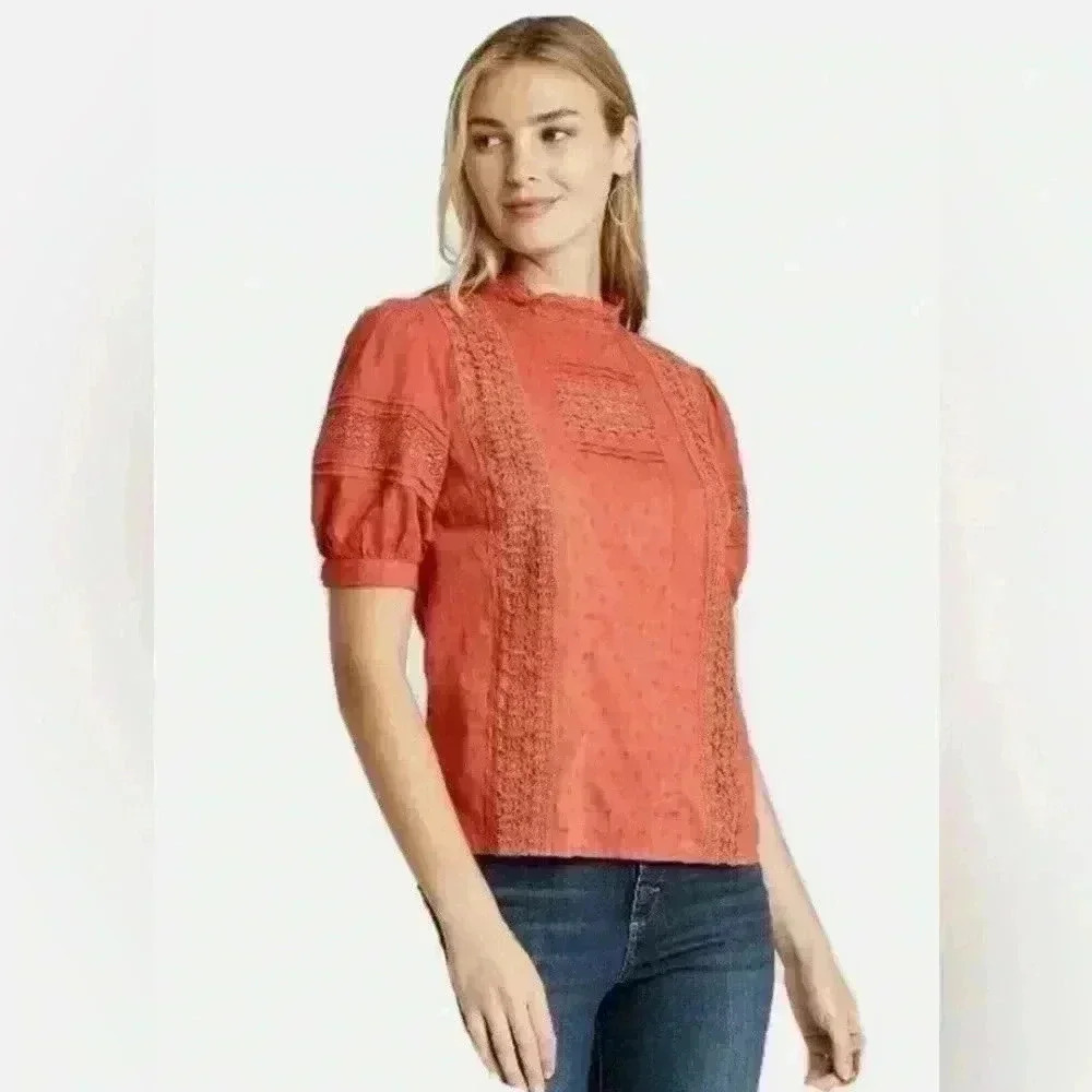 Universal Thread Boho Lace Crochet Puff Sleeve Cotton Top Size Small